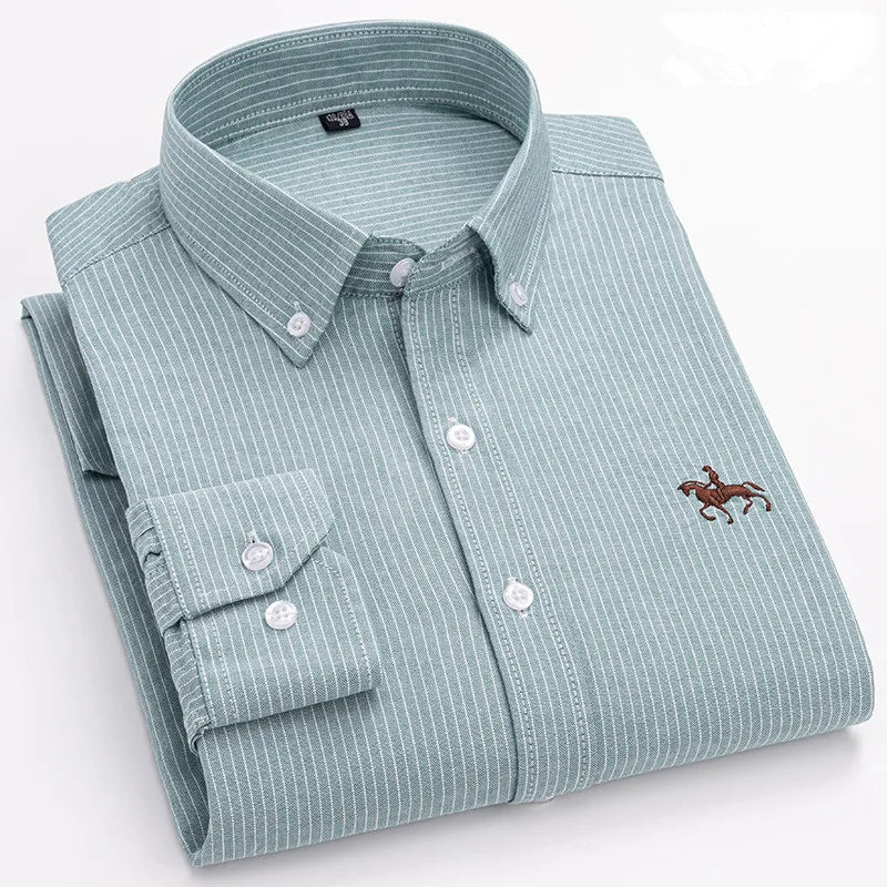 2024 100% Cotton Oxford Man Leisure Embroidered Horse Shirts Streetwear Oversized Men Shirt Floral Long Sleeve Casual Plus Size