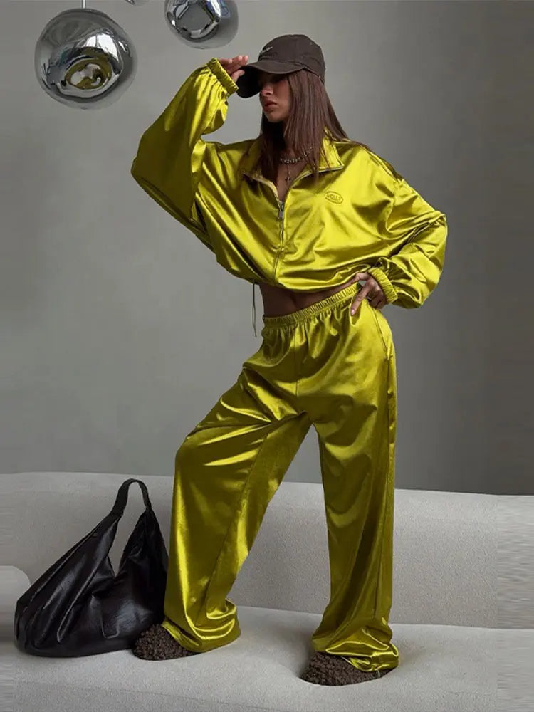 2026 Spring Satin Embroidered Zip-Up Jacket Wide Leg Pants Set Oversized Slouchy Women 2 Pcs Outfit Cool Lady Co-ord Streetwear