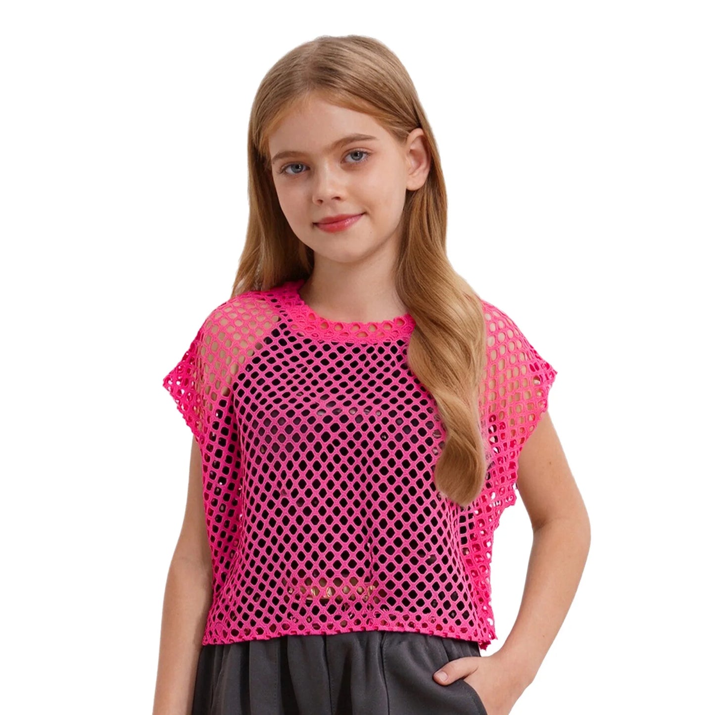 Kids Girls Fishnet Crop Tops T-shirt Casual Summer Short Sleeve See-Through Mesh T Shirt Female Hip-Hop Street Dance Clothing