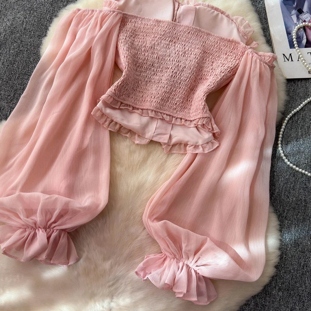 Chiffon Blouse for Women Slash Neck Off Shoulder Solid Color Camisas Ruffles Folds Backless Summer Blusas De Mujer Chic Dropship