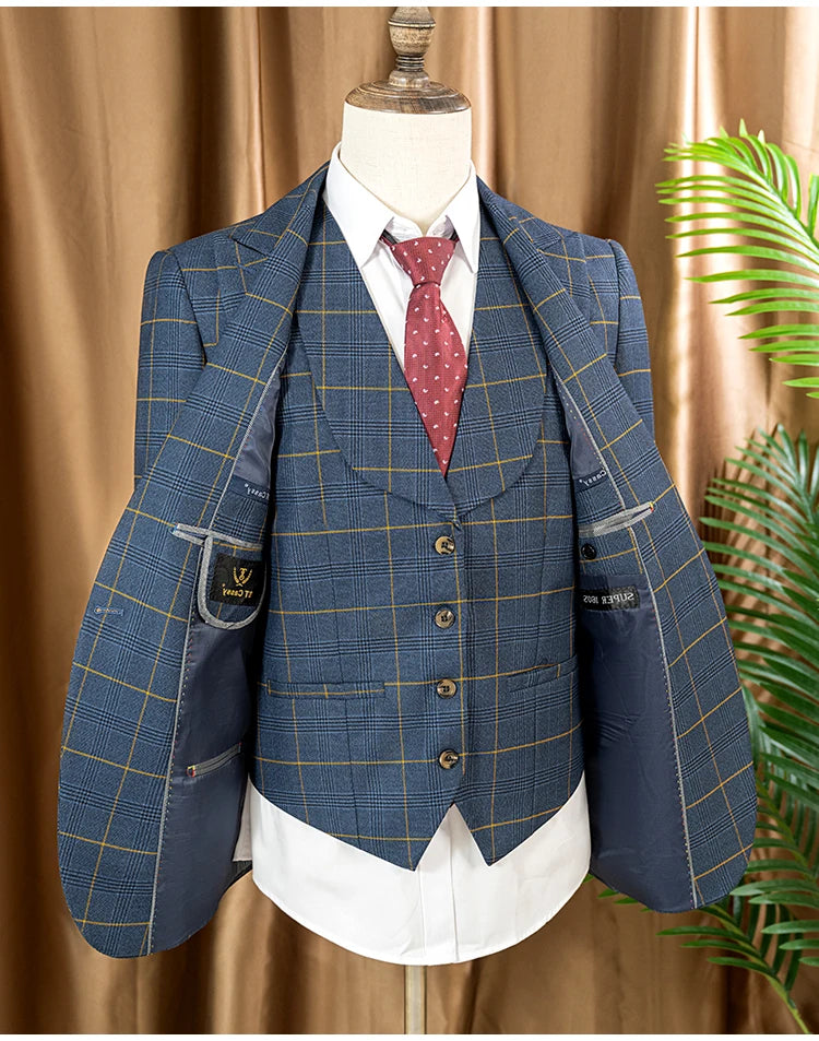 ST Cassy high quality 3 Piece Checkered Suit Set Men Stylish Business Office Wedding Formal Outfit full Elegant man suit