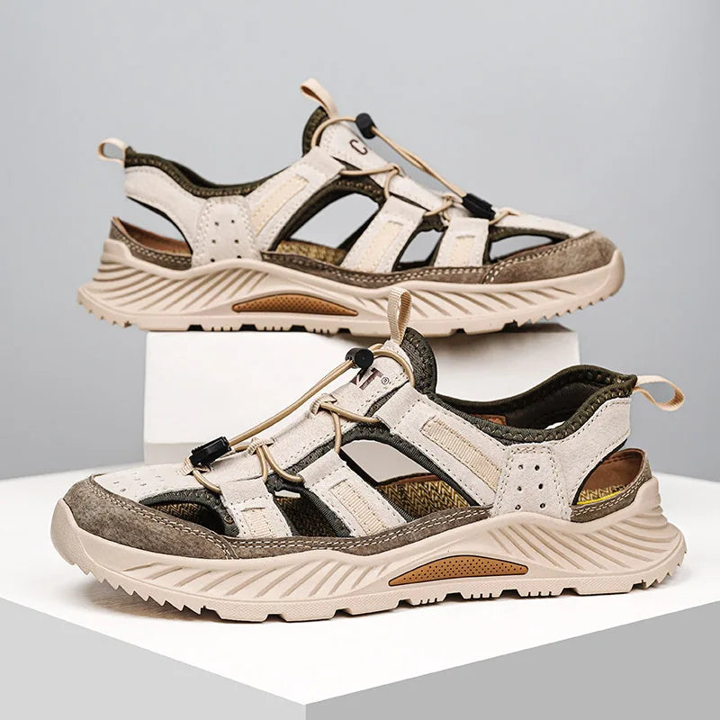 Men's Closed Toe Hiking Sandals Summer Suede Leather Non-Slip Soft Thick Sole Adjustable Drawstring Breathable Casual Beach Shoe
