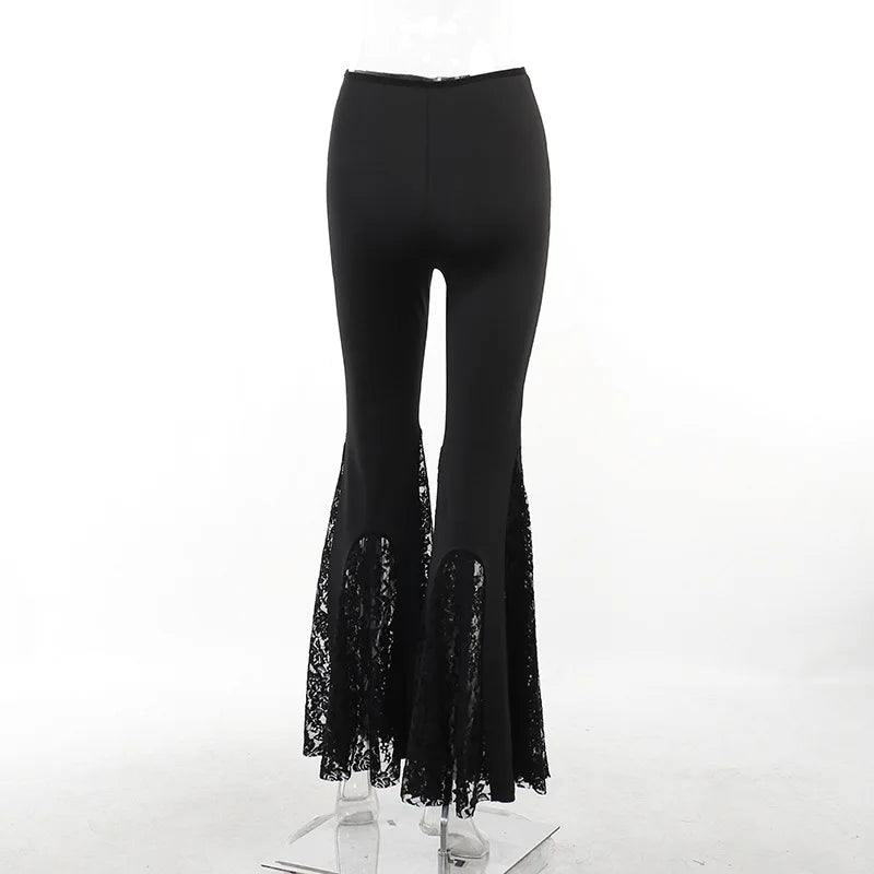 Goth Mall Flare Pants Sexy Black Lace Patchwork High Waist Vintage Harajuku Hippie Punk Grunge Streetwear  Y2k Pants