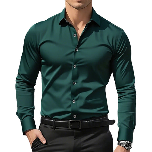Men's Solid Green Shirt Long Sleeve Slim Fit with Black Buttons Wrinkle-Free Stretch Fabric for Business Wedding & Daily Wear