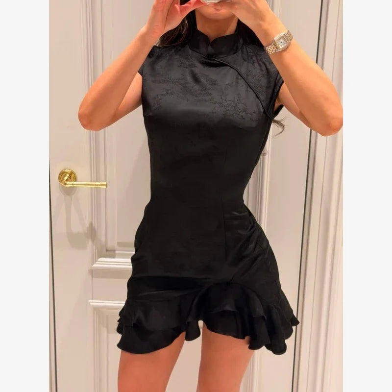 Lady Solid Satin Mini Dress Women Short Sleeve Stand Collar Patchwork Ruffle Draped Dresses Party Dinner Vestido 2026 Elegant
