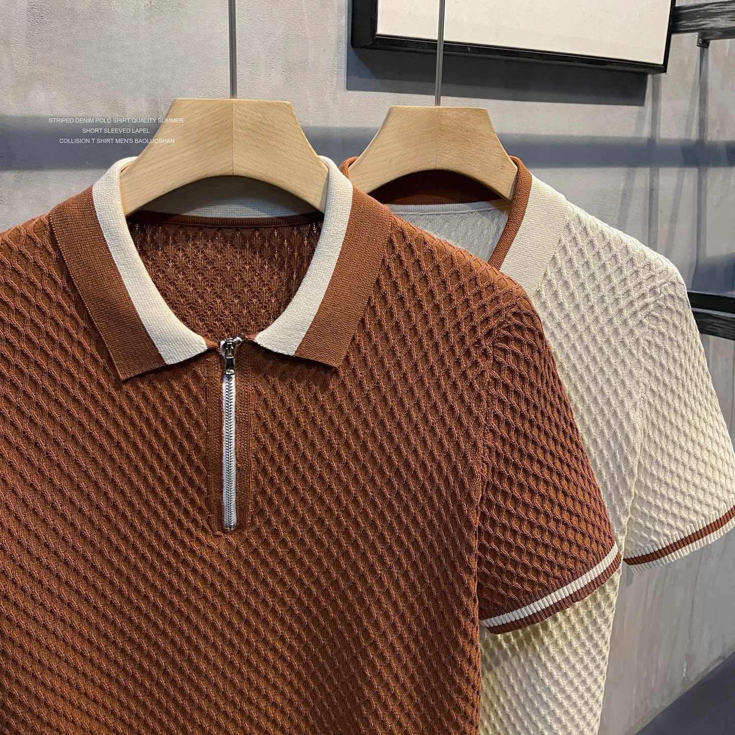 2026 Men's Casual V-Neck Knitted Jacquard Polo Shirt Solid Color Short Sleeve Solid Color Shirt Breathable Luxury Clothing B24