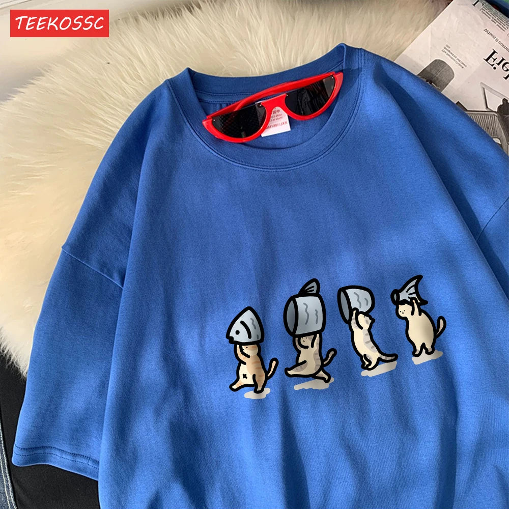 Four Little Cats Holding Fishcotton Women T-Shirts Cartoons Prints T Shirts Soft O-Neck Loose Short Sleeve Tops Summer Clothes