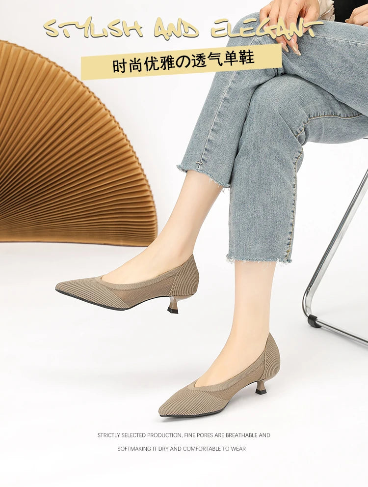 Women's High Heels 2025 New Knitted Breathable Mesh Fine Fashion Comfortable Lightweight Shoes Spring and Autumn