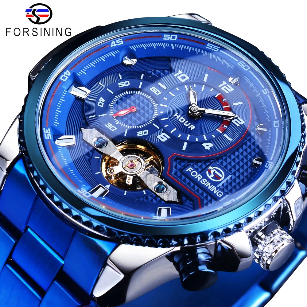 Forsining Mens Automatic Mechanical Watch Tourbillon Wristwatches Men Waterproof Watches Bule Luxury Wrist Watch Relojes Hombre