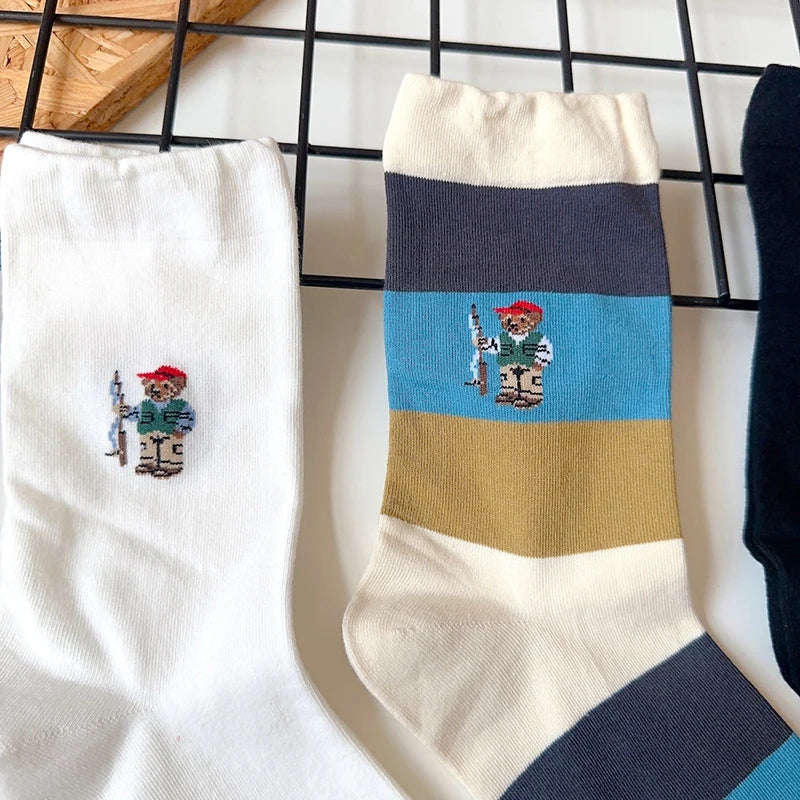 Good Quality Cartoon Gentleman Bear Men's Socks Cotton Harajuku Style Sport Boys Skateboard Novelty Breathable  Christmas Gifts