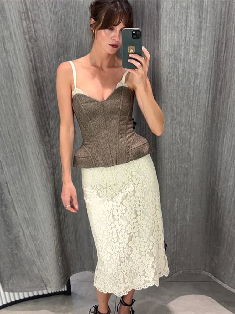 Elegant Lace Patchwork Sling Top Women Sleeveless Backless Patchwork Crop Tops Female 2026 Fashion Summer Spring Vest Lady