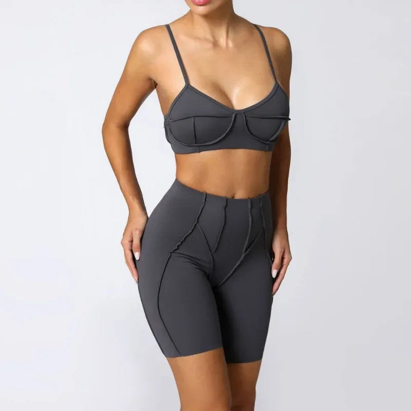 Yoga Fitness Sports Sets High Waist Hip-lifting Shorts Open Back Bra Suit Casual Running Workout Gym Leggings Sexy Set for Women