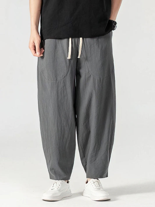 Casual Linen Jogger Pants Men Baggy Casual Trousers Male Walking Wide leg Loose Cotton Sweatpants Chinese Summer