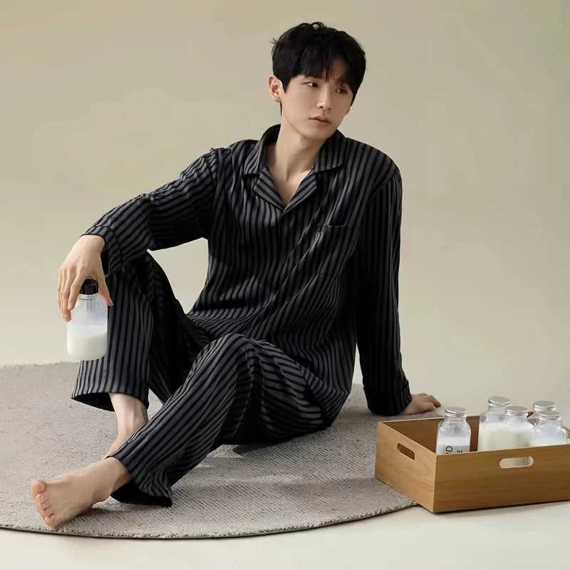 Pajamas for Men Spring and Autumn Long-Sleeved Young Men's Simple Casual Lapel Autumn and Winter Home Wear Set