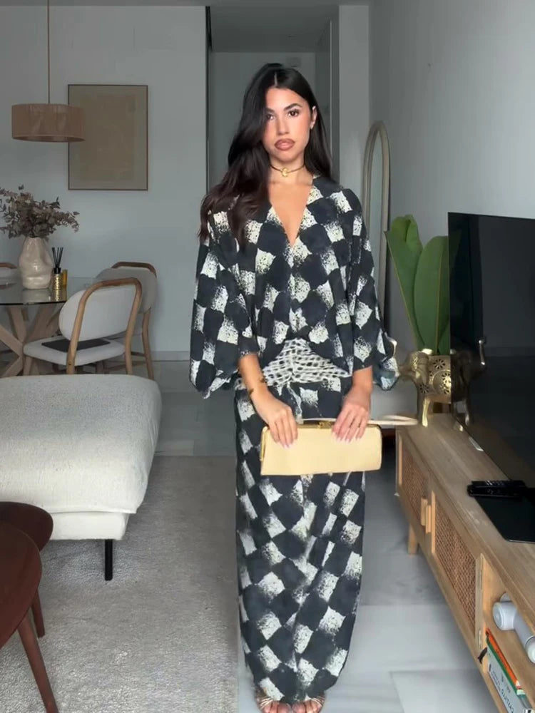 Elegant Plaid Printed Women's Dress V-neck Batwing Sleeve Waist Cinching Long Dress 2026 Spring Summer Casual Holiday Lady Robes