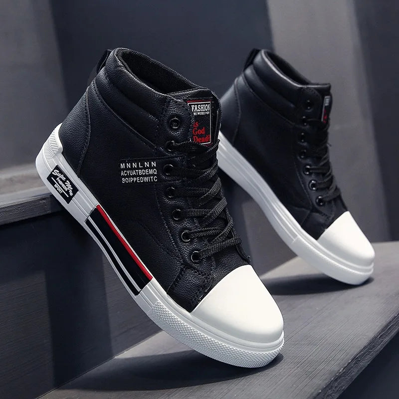 Fashion Leather Men Canvas Shoes Casual High-Top Shoes Autumn Men Non-Slip Tennis Sneakers Summer Flat Shoes Zapatillas