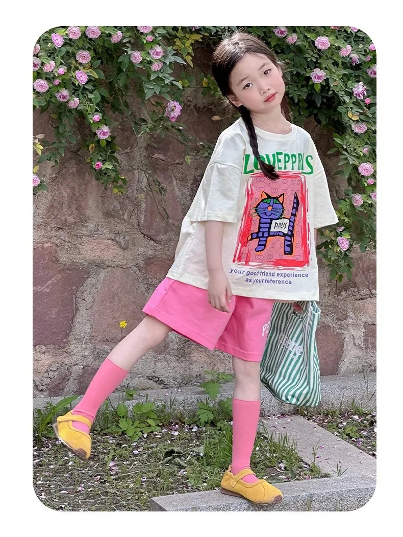 2026 New Children's casual Set Summer fashion girls' internet-famous sporty short-sleeved pants summer wear 4-14Years old girls