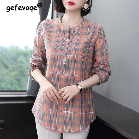 Fashion All-match Round Neck Plaid Shirt Women's Clothing Summer New Vintage Casual 3/4 Sleeve Button Spliced Pullovers Blouses