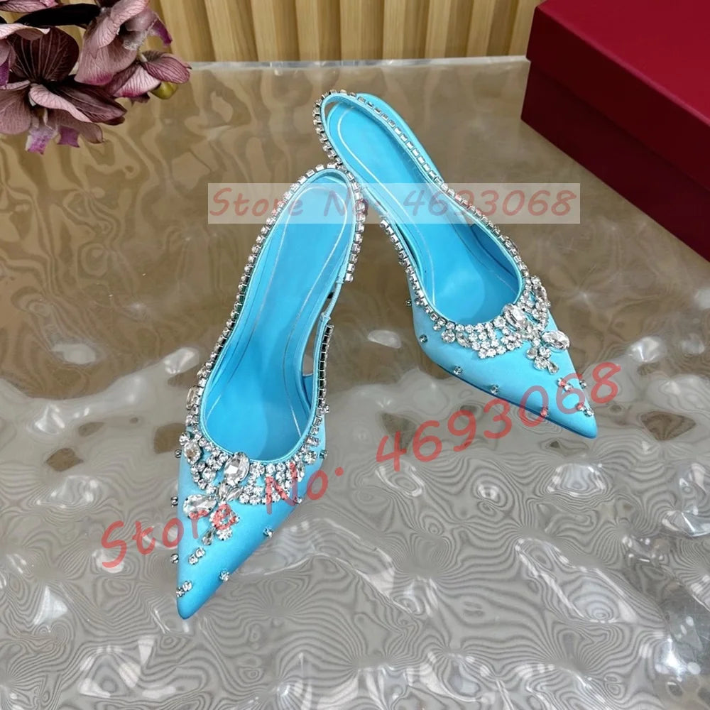Luxury Crystal Flowers Back Strap Sandals Ladies Trendy Pointy Toe Classy Gems Satin Sandal Women Real Leather Evening Shoes