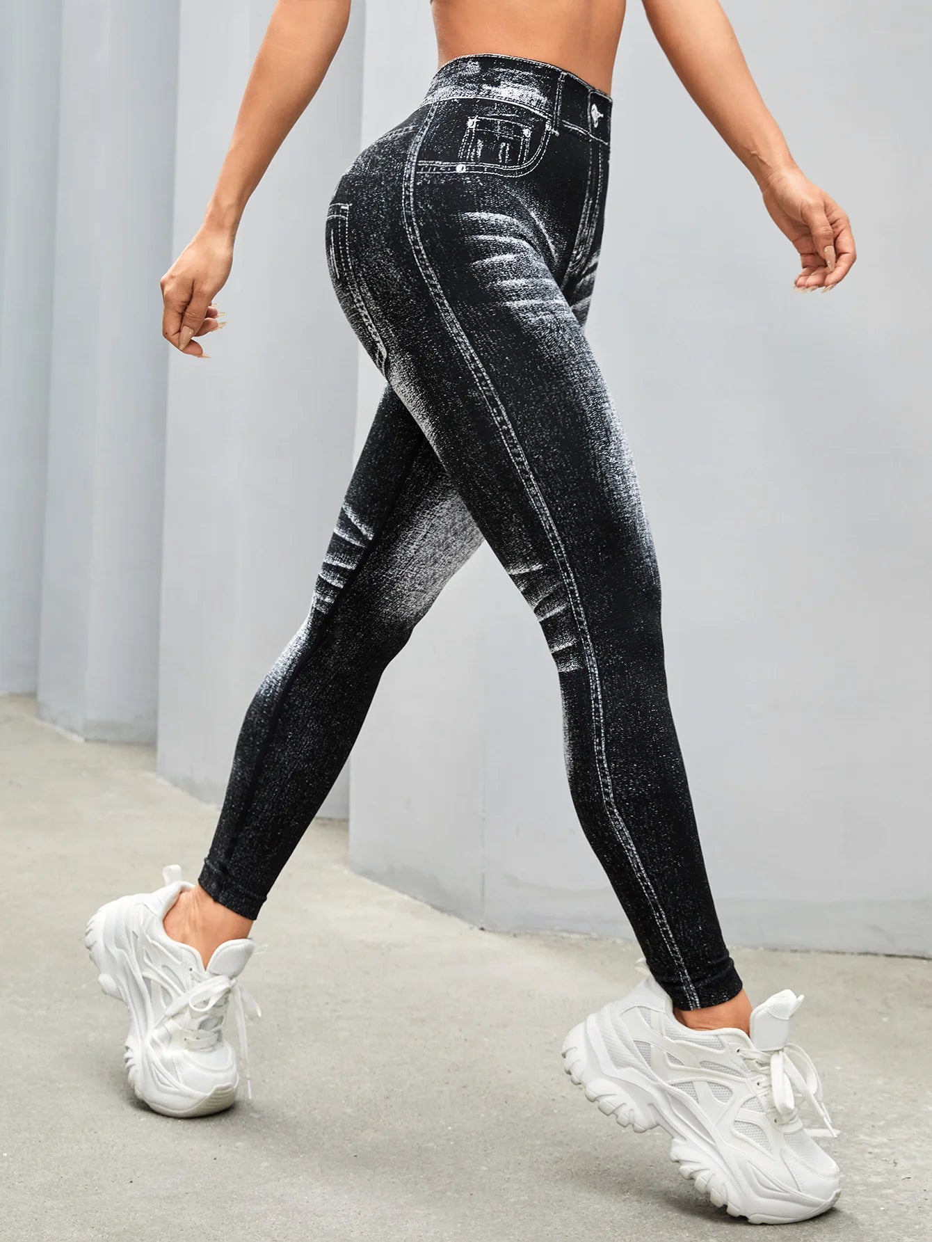 Women V Back Faux Denim Leggings For Gym Workout Athletic Yoga Pants Seamless