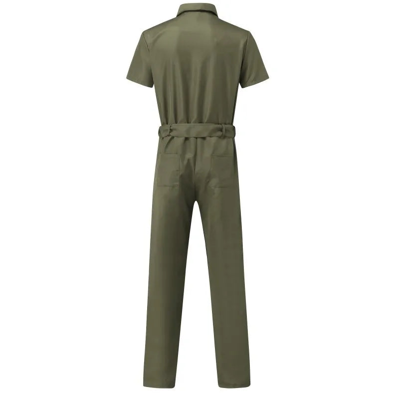 Multi-pocket Overalls Men's Jumpsuits Short Sleeves Trousers Suits Zippered Jumpsuits Men's Overalls Belted Jumpsuits
