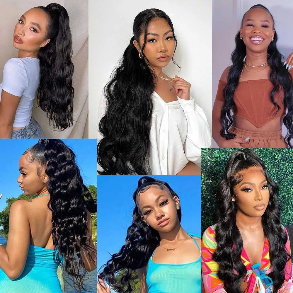 Body Wave Drawstring Ponytail Human Hair Extensions Brazilian Remy Hair Clip Ins For Women Aliballad Ponytail 150g 2 Combs