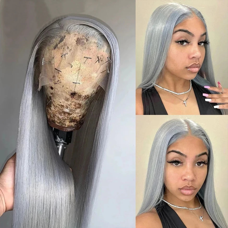 Silver Grey Human Hair Wigs Brazilian 13x4 Straight Lace Front Wigs For Women Grey 613 Colored Hd Transparent Lace Frontal Wig