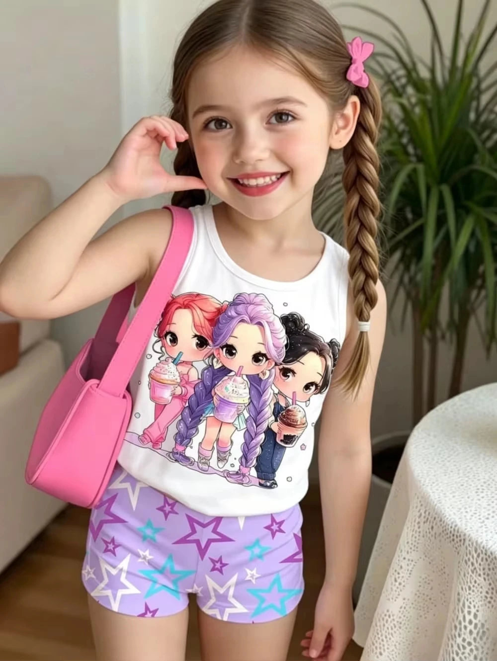 Kids Clothes Girls 2-Piece K-Pop Star Print Tank Top T-Shirt & Shorts Set Casual Streetwear Summer Daily Outfit Girls Clothes