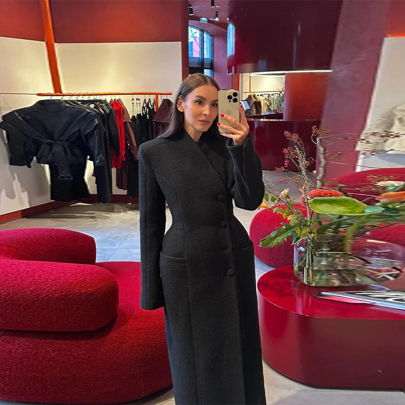 Elegant Long Coat Women V-neck Solid Slim Single-breasted Waist-closed Jackets Lady 2026 Spring Chic Female Streetwear