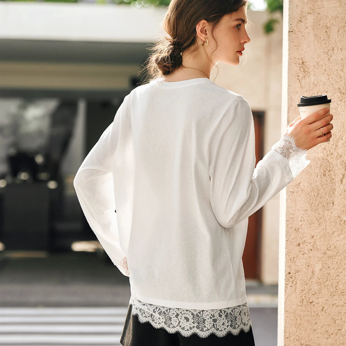 OLrain Cotton White T-shirt Women 2026 Autumn Casual Loose Tee Shirt Crewneck Lace Long Sleeve Tops Woman Clothing N57CT95669