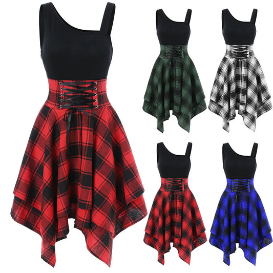Elegant Classy Dresses For Women 2024 Sleeveless Cold Shoulder Cross Lace Up Plaid Print Irregular A-Line Dresses
