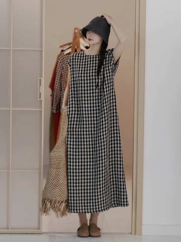 Casual Bla White Plaid A-Line Vest Dr Women's Mid-Length Spring Summer New Sle Simple Leisure Dr Korean Sle
