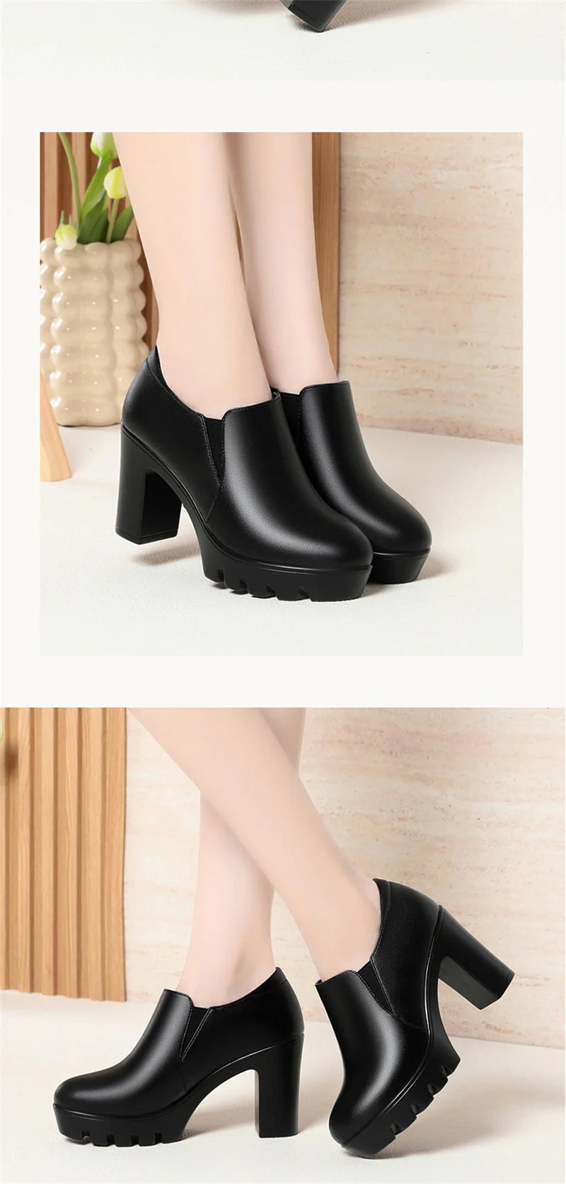 Round Toe Deep Mouth Single Shoes High Heels Thick Heels Versatile Spring Autumn Thick Sole Waterproof Platform Leather Shoes