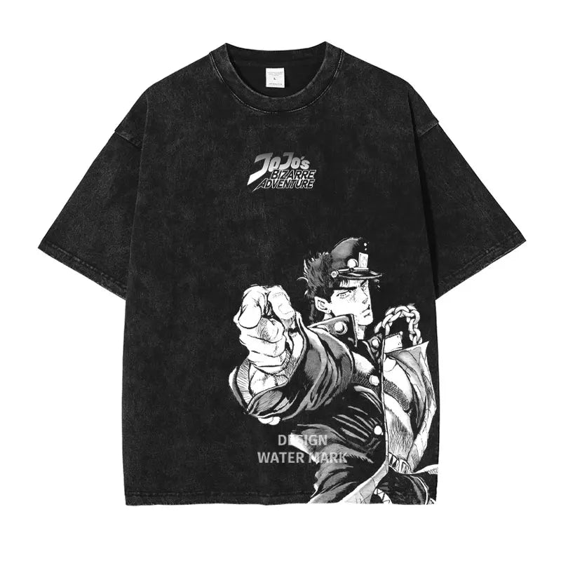 Anime JoJo's Bizarre Adventure Jonathan Joestar Gyro Print Tee Men Vintage Washed Tshirts Manga Cotton T-shirt Harajuku T Shirt
