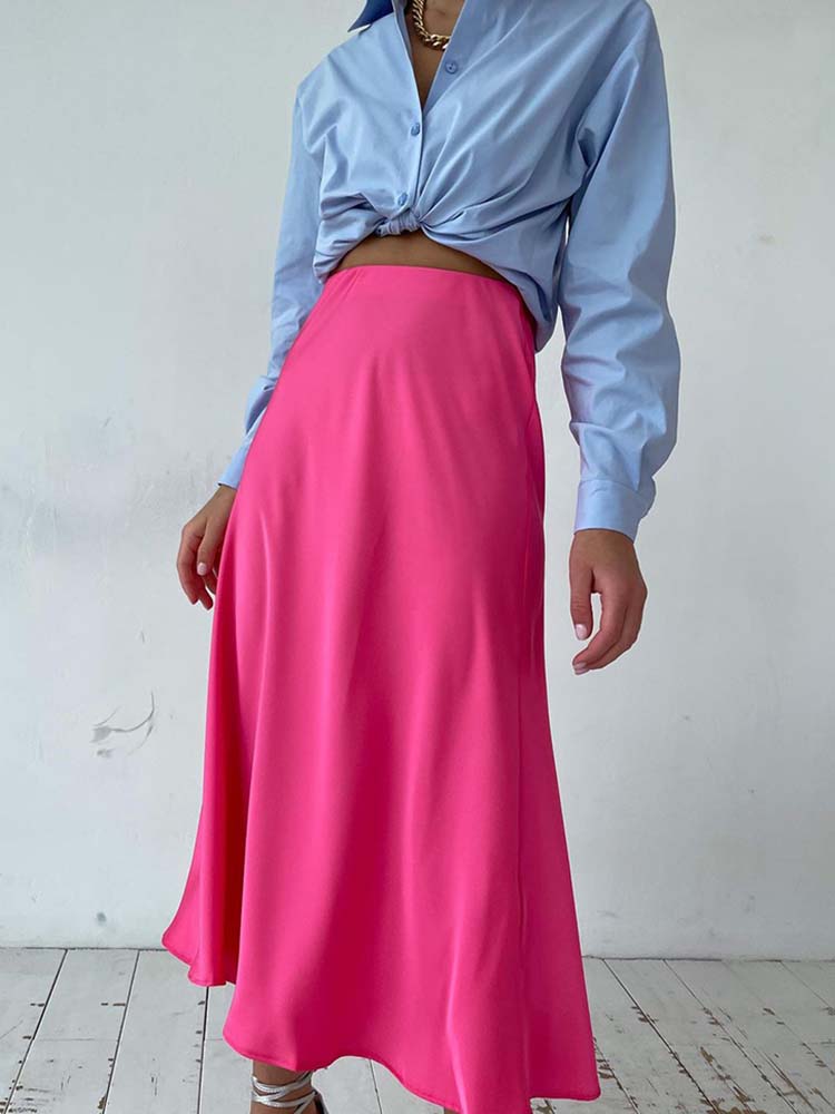 Elegant Women's Skirts High Waist Silk Satin A-line Skirt Lady Fashion Solid Color Purple Long Skirts for Women Fashion 2026