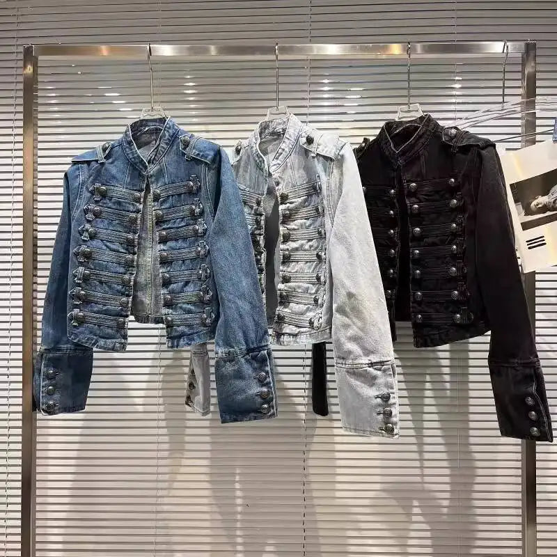 2026 Autumn New Fashion Metal Buckle Design Shoulder Strap Denim Short Jacket For Women High Street Coat Female