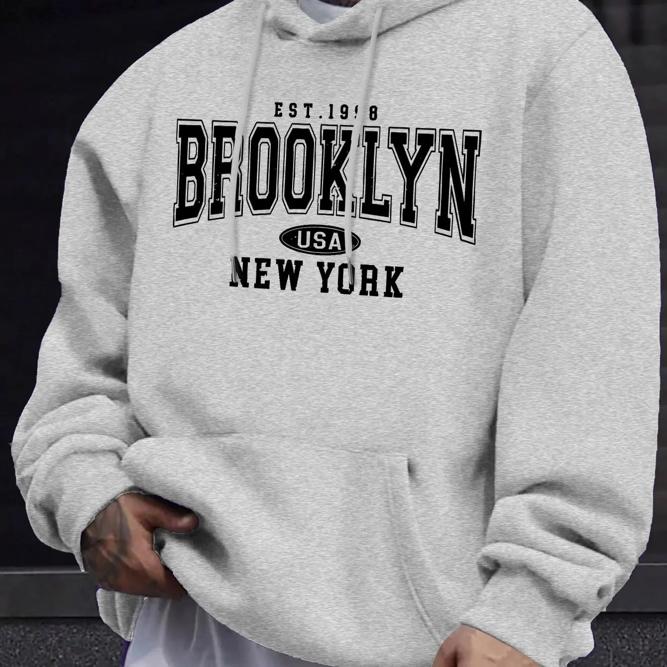 Men's autumn and winter casual fashion loose Brooklyn New York letter printed long sleeved hooded sweatshirt warm pullover BAZAARHUBO