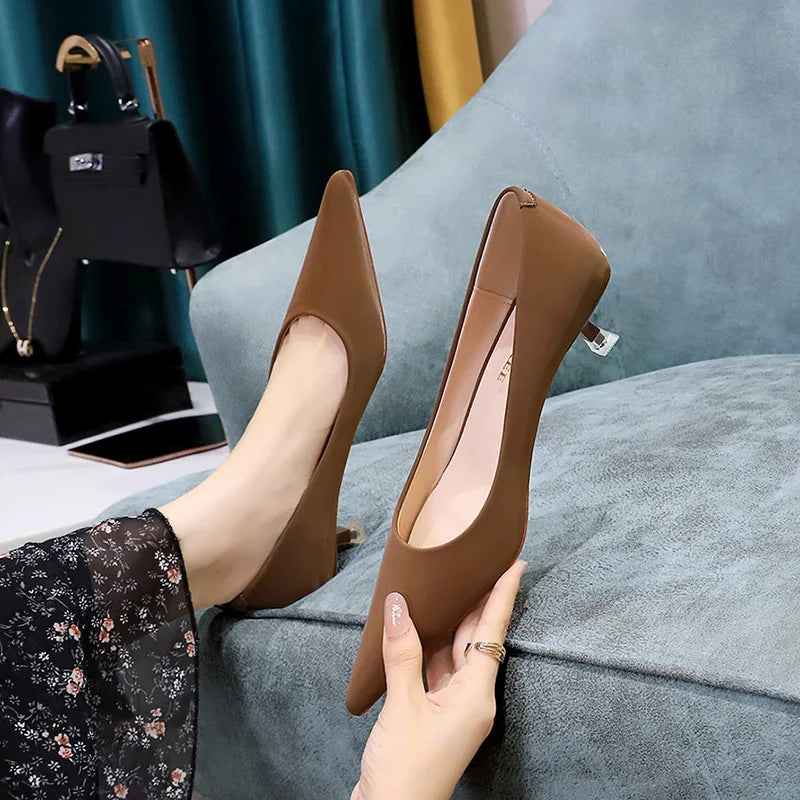 New Big Size Women's Boat Shoes Leather 4.5cm High Heels Pointed Toe Pumps Stilettos Basic Pump For Female White Black Wine Red