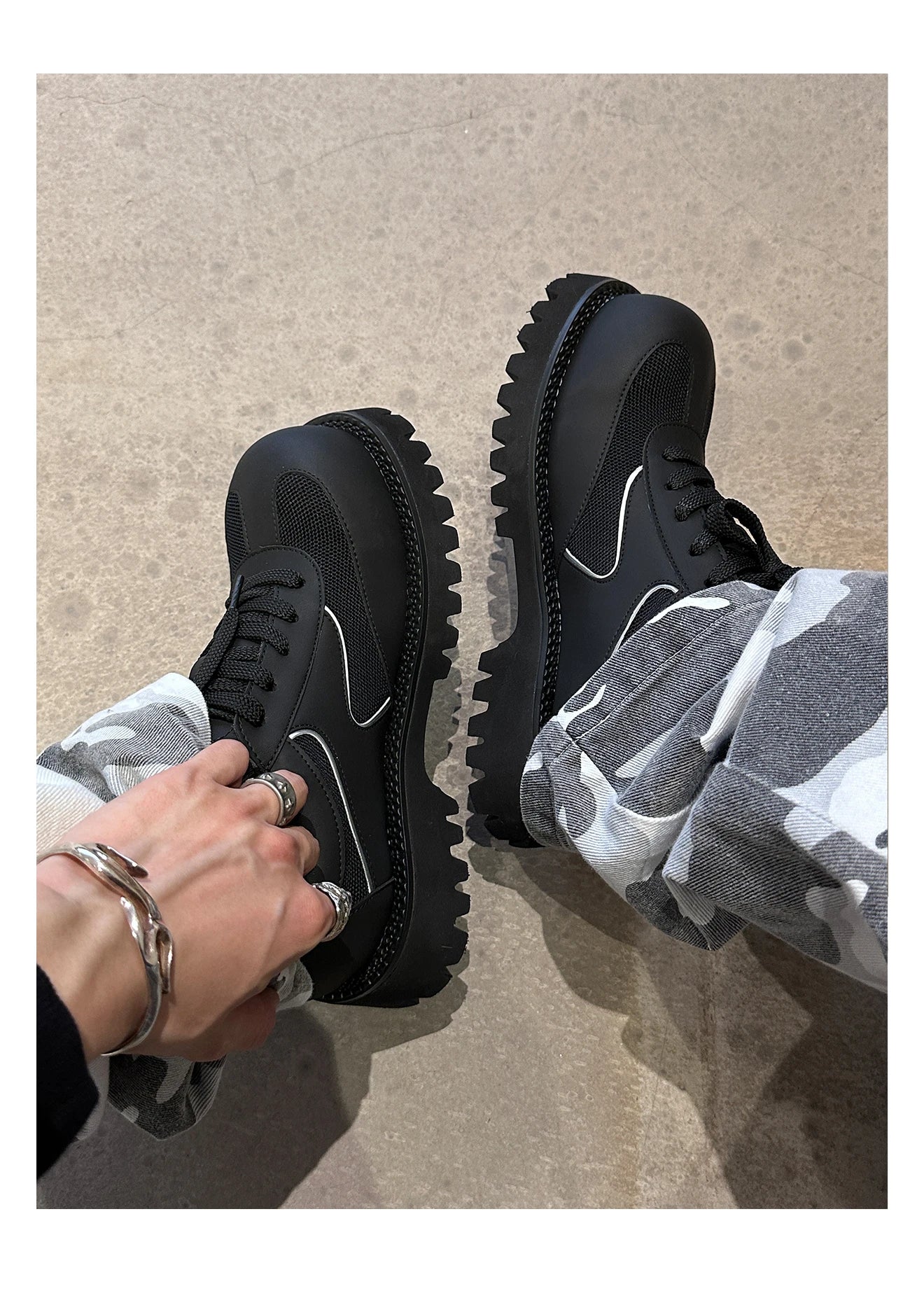 Sports leather shoes for men lightweight mesh splicing genuine leather black thick sole height increasing big head work shoes