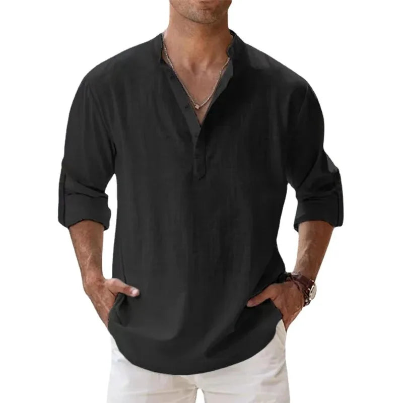 New Men Casual Shirts Lightweight Long Sleeve Henley Cotton Shirts for Beach Linen Shirts Hawaiian Breathable Collar Tops