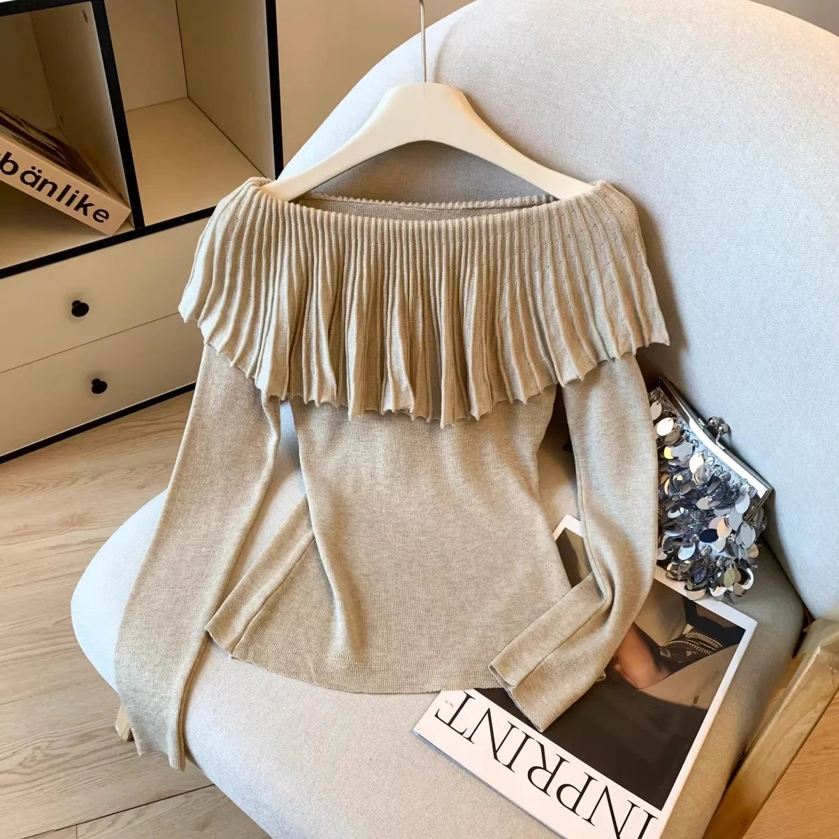 Women's Solid Color Slash Neck Ruffles Sweater Short Pullover Korean Fashion Chic Retro Style for Autumn Winter