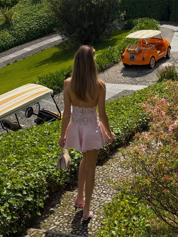 Women Lace Patchwork Pleated Slip Green Maix Dress Sexy Spaghetti Strap Sleeveless Backless 2026 Summer Vacation Beach Robe New
