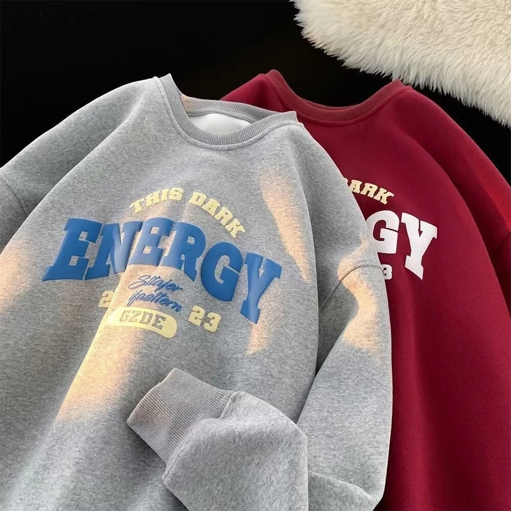 【M-8XL Sweatshirts】Men Oversized Sweatshirt Fashion Loose American Minimalist Alphabet Print Long Sleeve Couple Clothes