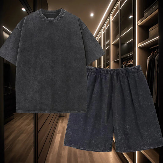 Men's 2-piece pure cotton T-shirt set, including a washed T-shirt top and a loose shorts with drawstrings, perfect for casual va