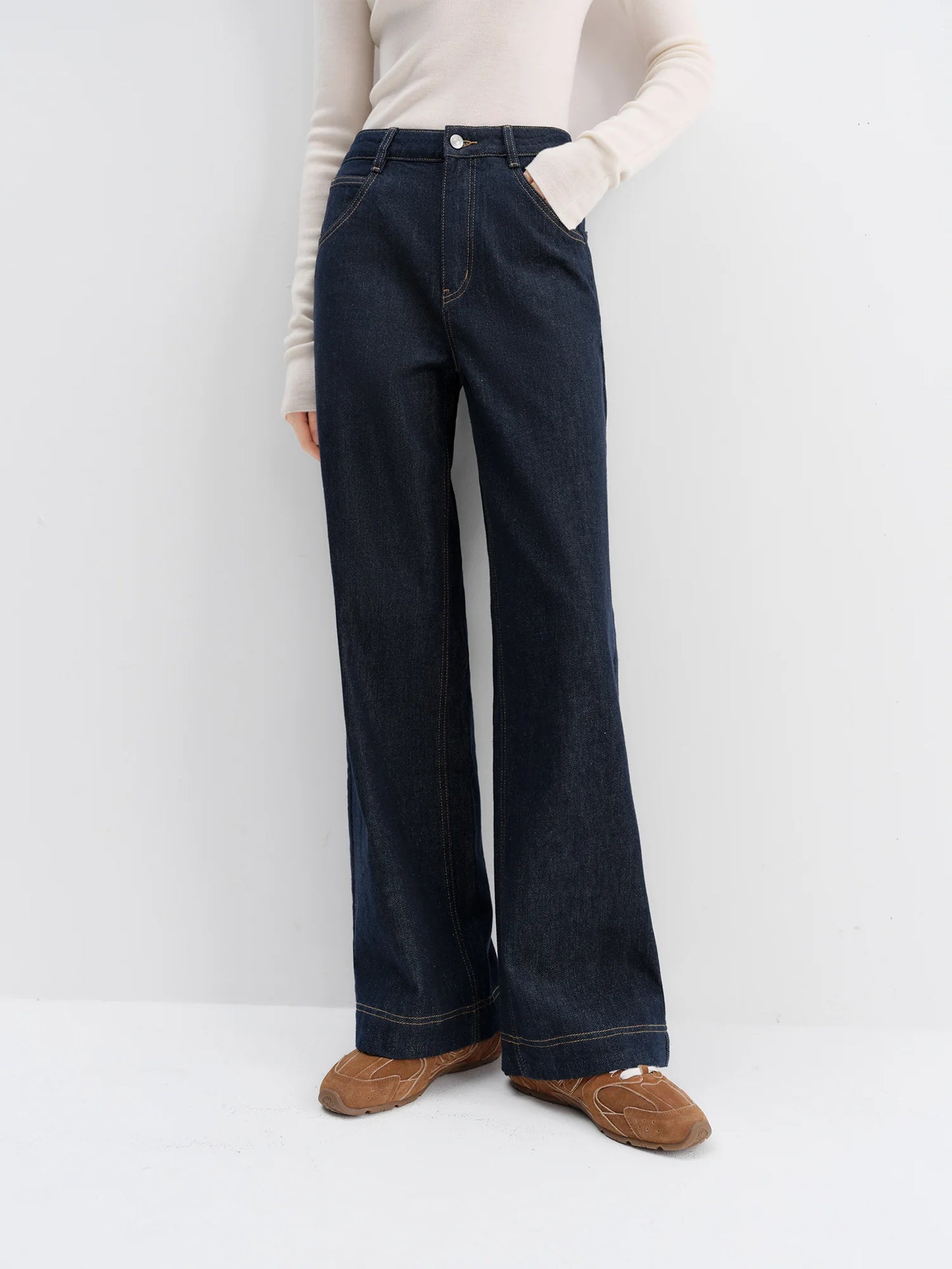 FSLE Straight High Waist Jeans for Women Winter Solid Simple All-match 2025 New Long and Short Versatile Pants Korean Style