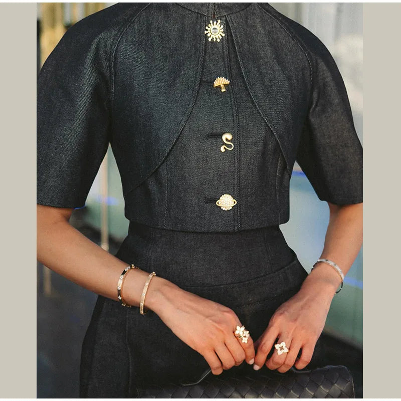 Women Denim Coat Pants Set Middle Sleeve Single Breasted Top Jackets High Waist Leg Loose Trouser Suit Lady Elegant Chic Sets