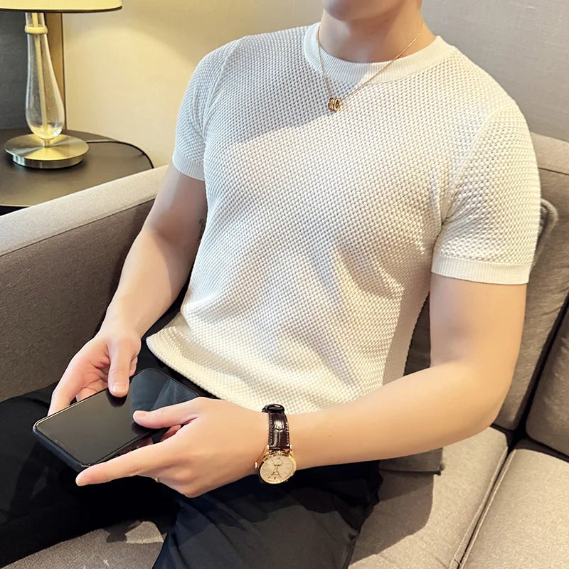 Summer Breathable T-Shirts For Men Korean Luxury Clothing O-Neck Short Sleeve Knitted Men's T Shirt Fashion Hollow Tops&Tees 3XL