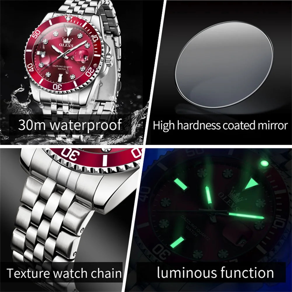 OLEVS Men's Watches Luxury Brand One-Way Timing Rotation Bezel Analog Original Quartz Watch for Men Submarine Series Wristwatch