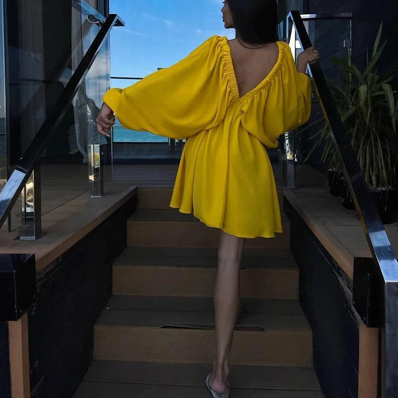 NHKDSASA Women Elegant Solid Loose Dress Summer Casual Long Sleeve Ruffle Dress Ladies Fashion V Neck A-line Party Dress Vestido