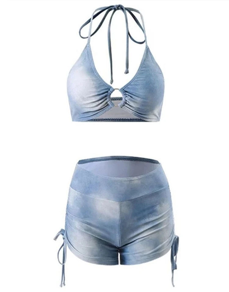Women's 3-Piece Bikini Set White Off-Shoulder Long Sleeve Cover Up Blue Ombre Tie Side Shorts Summer Beach Bathing Suit Swimwear